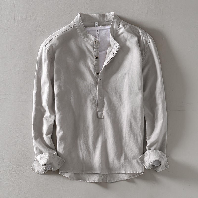 Chemise Foviel pour homme, unie, à manches longues et demi-boutonnage, en coton et lin