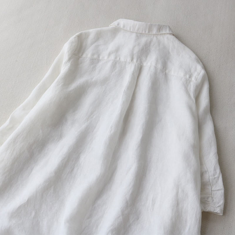 Buddha Stones Buttons Design Lapel Three Quarter Sleeve Cotton Linen Midi Dress With Pockets - image 9