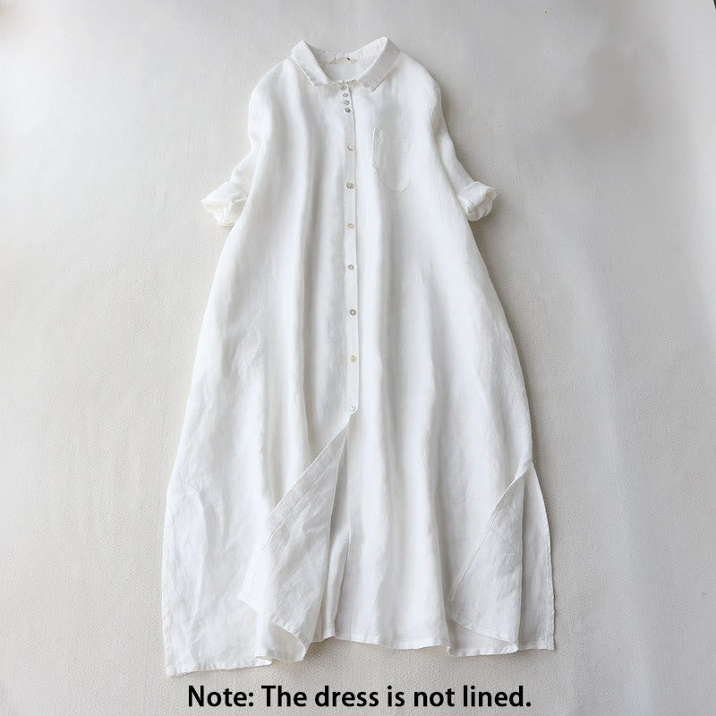Buddha Stones Buttons Design Lapel Three Quarter Sleeve Cotton Linen Midi Dress With Pockets - image 7