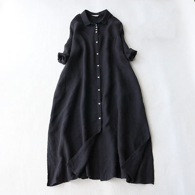 Buddha Stones Buttons Design Lapel Three Quarter Sleeve Cotton Linen Midi Dress With Pockets - Black - US8-10，UK/AU12-14，EU40-42 (2XL) - image 1