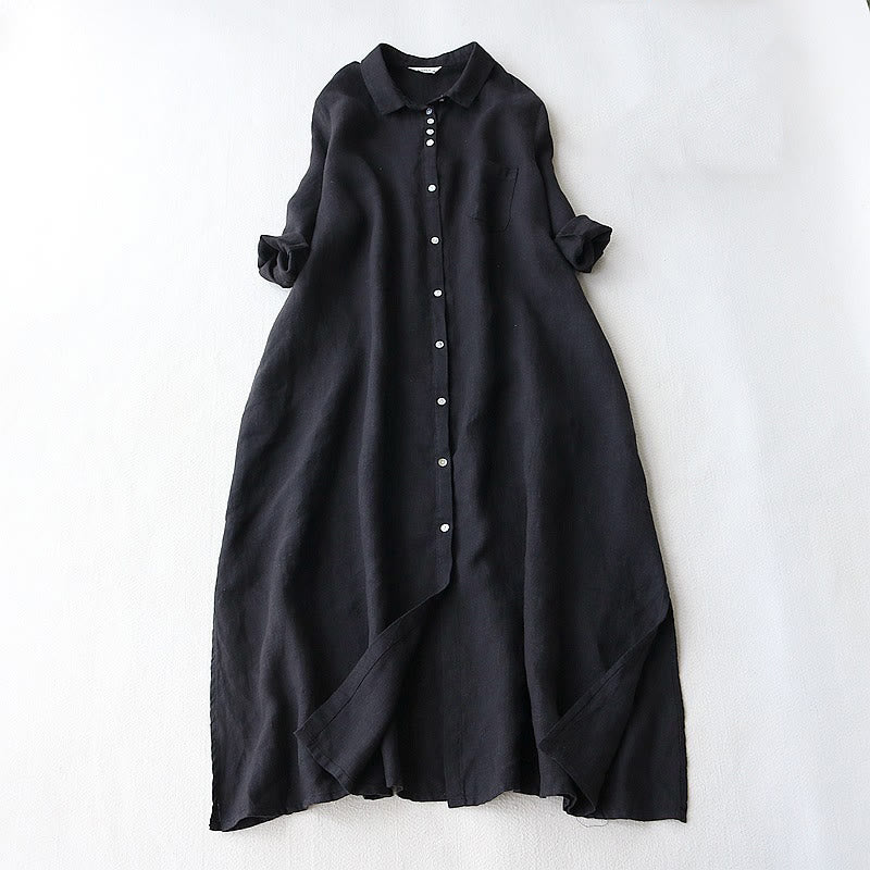 Buddha Stones Buttons Design Lapel Three Quarter Sleeve Cotton Linen Midi Dress With Pockets - Black - US8-10，UK/AU12-14，EU40-42 (2XL) - image 1