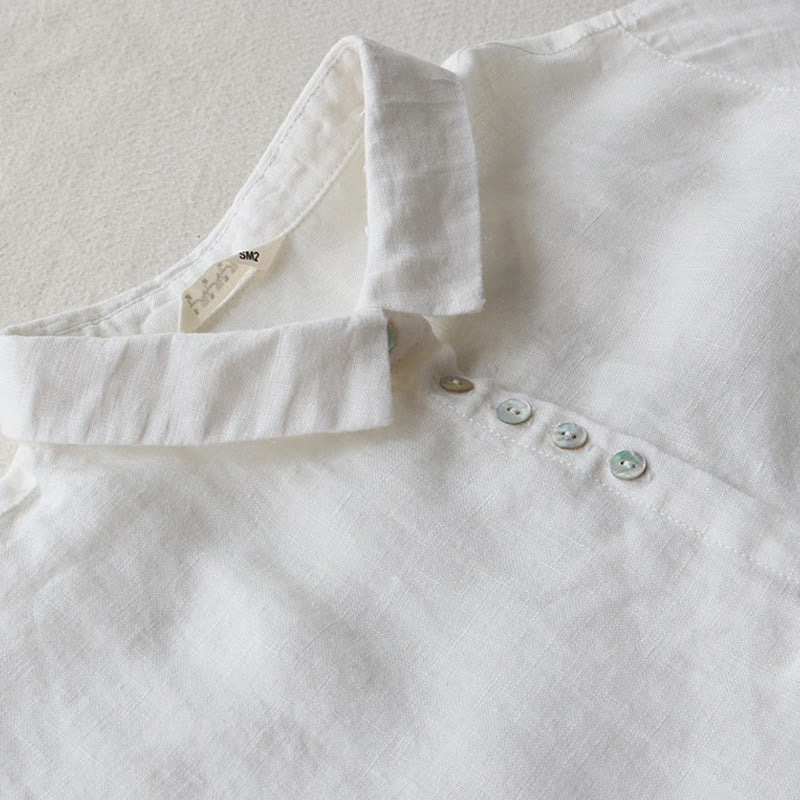 Buddha Stones Buttons Design Lapel Three Quarter Sleeve Cotton Linen Midi Dress With Pockets - image 8