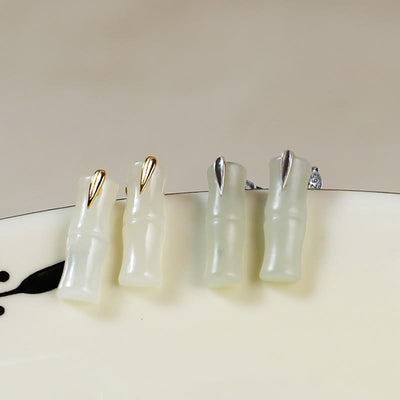 Buddha Stones Bamboo Hetian Jade 925 Sterling Silver Leaf Wealth Earrings - image 14