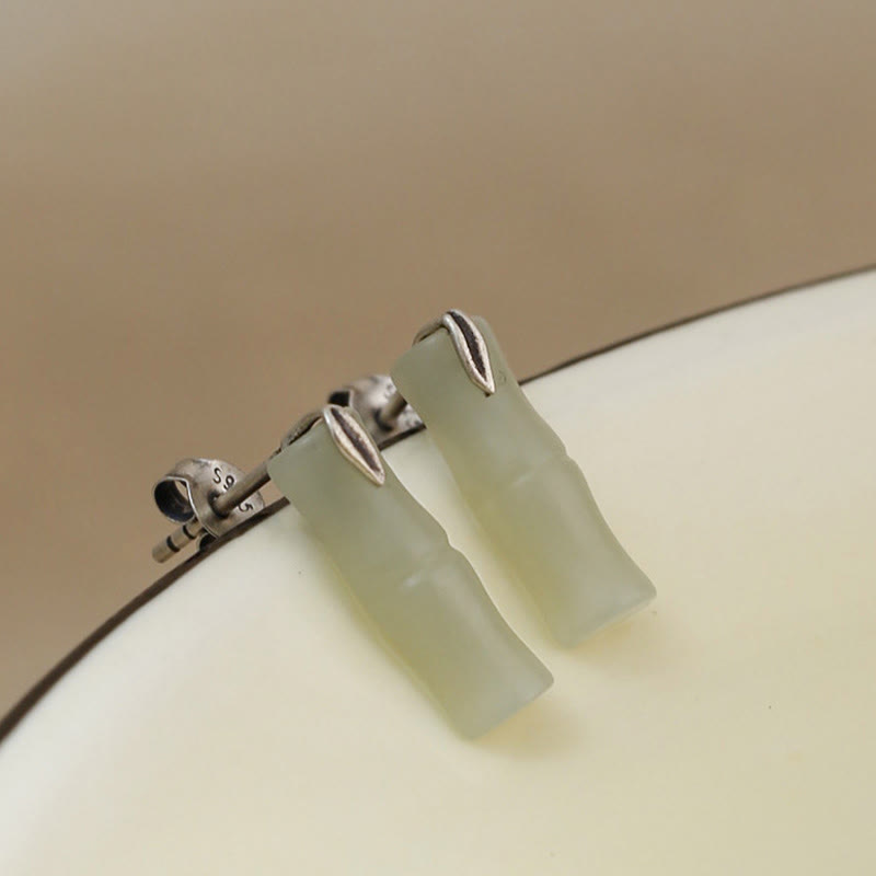 Buddha Stones Bamboo Hetian Jade 925 Sterling Silver Leaf Wealth Earrings - Hetian Jade Matte(925 Sterling Silver Posts) - Short Bamboo Leaves - image 10