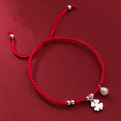 Buddha Stones Retro 925 Sterling Silver Four Leaf Clover Pearl Luck Red String Bracelet - 925 Sterling Silver(Wrist Circumference: 15-18cm) - image 1