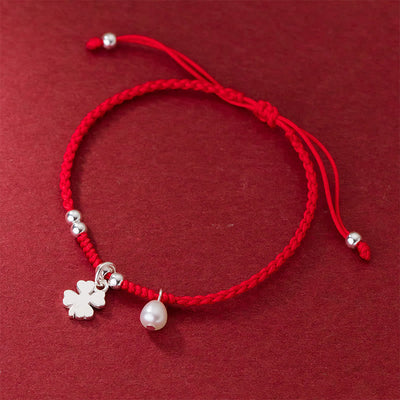 Buddha Stones Retro 925 Sterling Silver Four Leaf Clover Pearl Luck Red String Bracelet - image 2