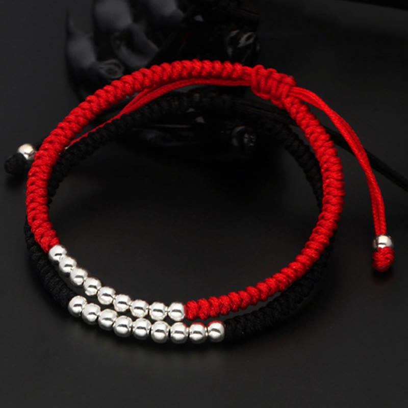 Buddha Stones Retro 925 Sterling Silver Simple Beads Knot Design Luck String Bracelet - image 4