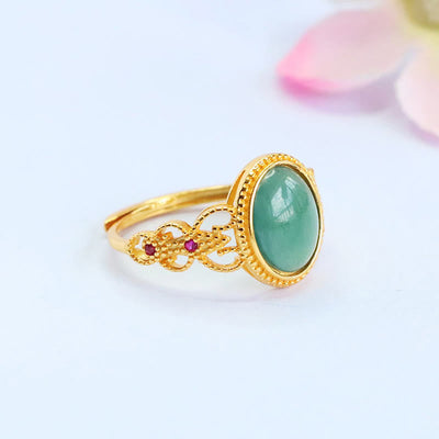 Buddha Stones Natural 925 Sterling Silver Plated Gold Hollow Design Jade Luck Ring - image 4