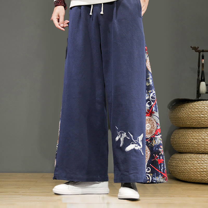 Buddha Stones Crane Embroidery Drawstring Men's Cotton Linen Wide Leg Pants With Pockets - SteelBlue - US/UK/AU46，EU56 (5XL) - image 0