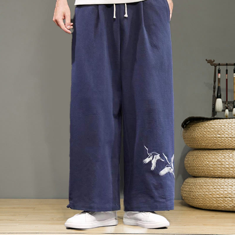 Buddha Stones Crane Embroidery Drawstring Men's Cotton Linen Wide Leg Pants With Pockets - image 2