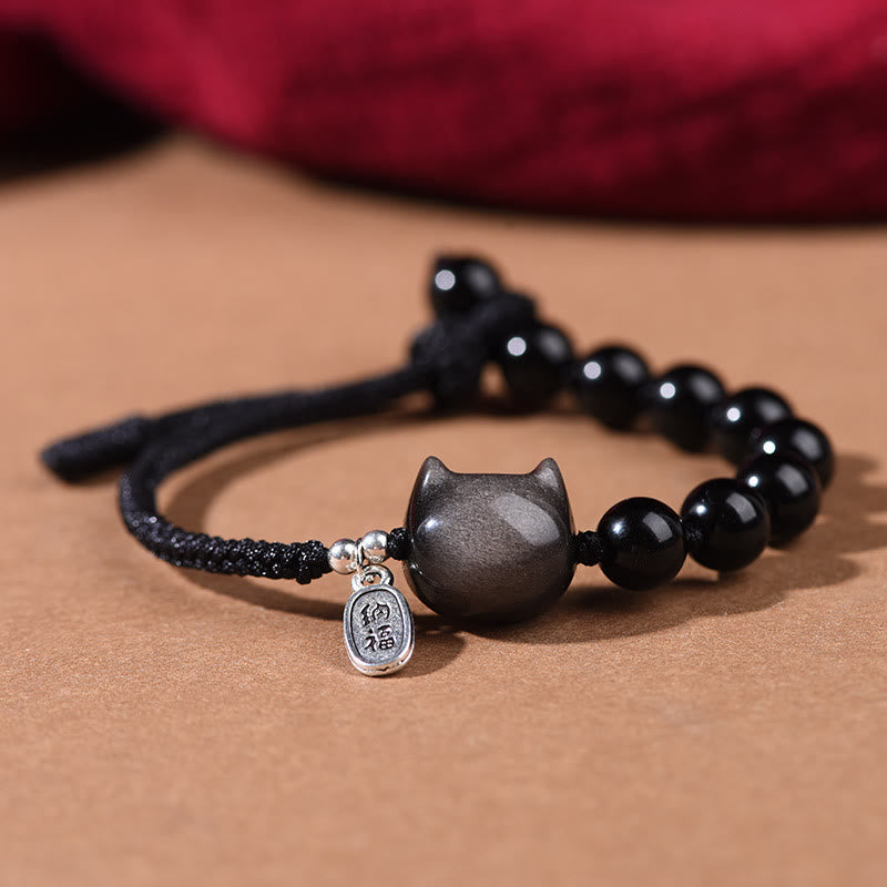 Buddha Stones Black Obsidian Silver Sheen Obsidian Cute Cat Dancing Lion Strength Bracelet - Cat(Wrist Circumference 14-16cm) - image 1
