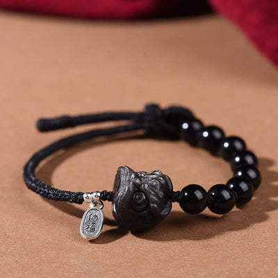 Buddha Stones Black Obsidian Silver Sheen Obsidian Cute Cat Dancing Lion Strength Bracelet - Dancing Lion(Wrist Circumference 14-16cm) - image 7