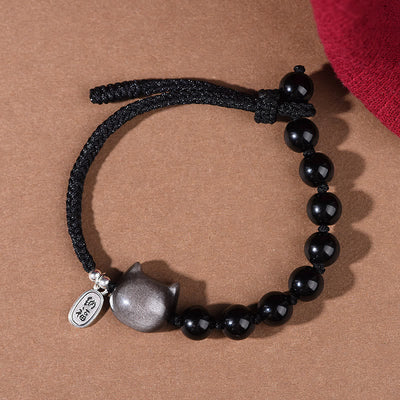 FREE Today: Soothing Strength Black Obsidian Silver Sheen Obsidian Cute Cat Dancing Lion Bracelet