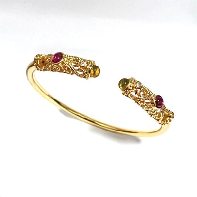 Buddha Stones Golden Flower Pattern Red Zircon Amber Copper Luck Cuff Bracelet Bangle - image 11