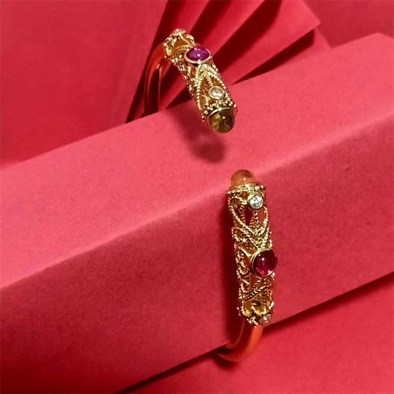 Buddha Stones Golden Flower Pattern Red Zircon Amber Copper Luck Cuff Bracelet Bangle - image 10