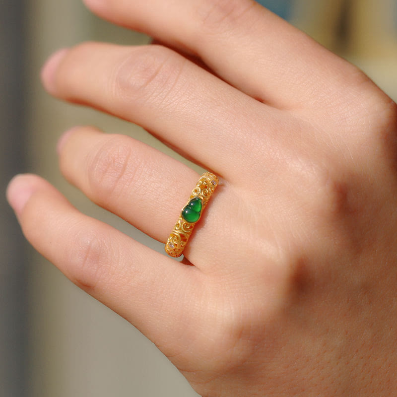 Buddha Stones Vintage Gourd Green Chalcedony Copper Alloy Wealth Ring - image 14