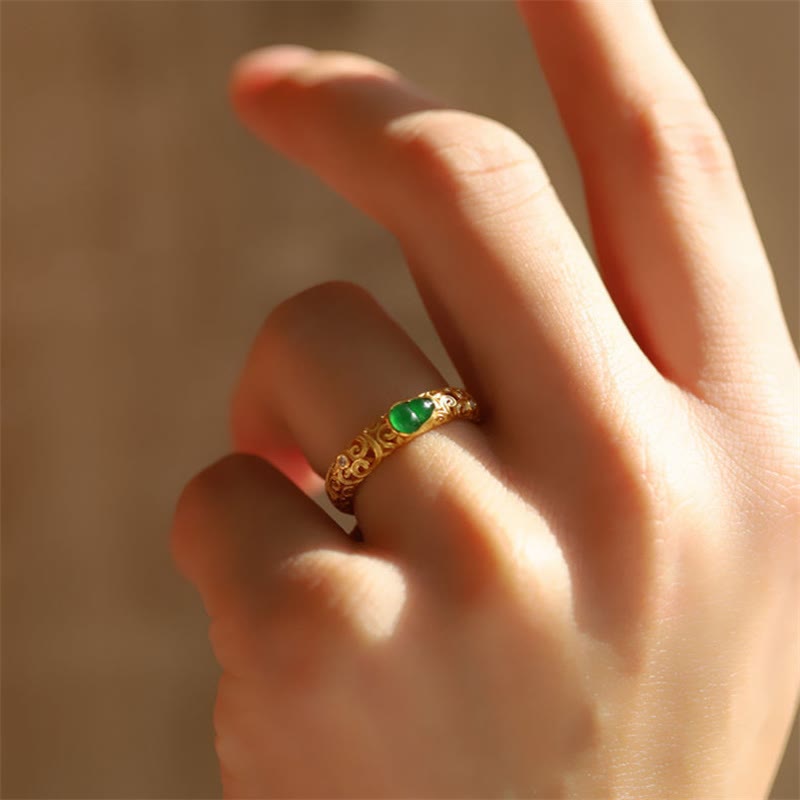 Buddha Stones Vintage Gourd Green Chalcedony Copper Alloy Wealth Ring - image 15