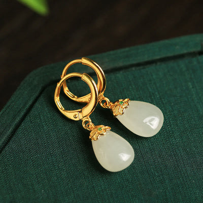 Buddha Stones Green Chalcedony Water Drop Strength Copper Posts Earrings - image 26