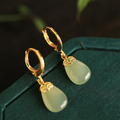 Buddha Stones Green Chalcedony Water Drop Strength Copper Posts Earrings - image 13