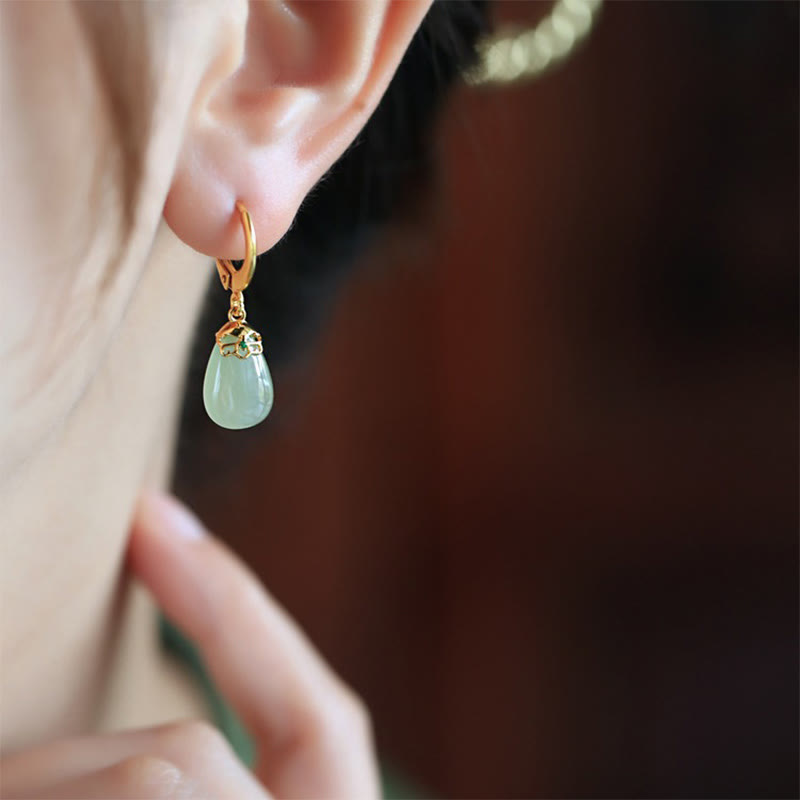 Buddha Stones Green Chalcedony Water Drop Strength Copper Posts Earrings - image 20