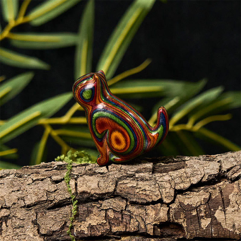 Foviel 2 pcs décoration de chat assis sculpté en eucalyptus arc-en-ciel anti-stress pour voiture