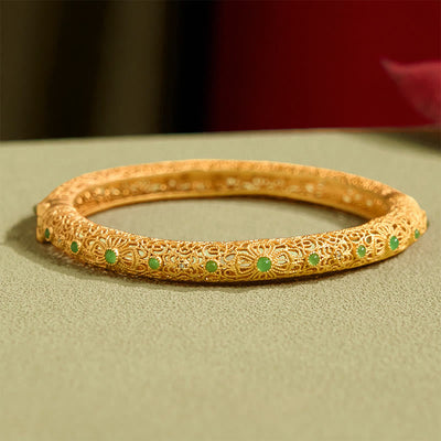 Buddha Stones Hollow Filigree Design Copper Plated Gold Wealth Bracelet Bangle - image 3