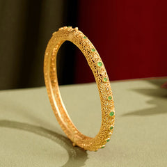 Buddha Stones Hollow Filigree Design Copper Plated Gold Wealth Bracelet Bangle - 60 mm - image 1