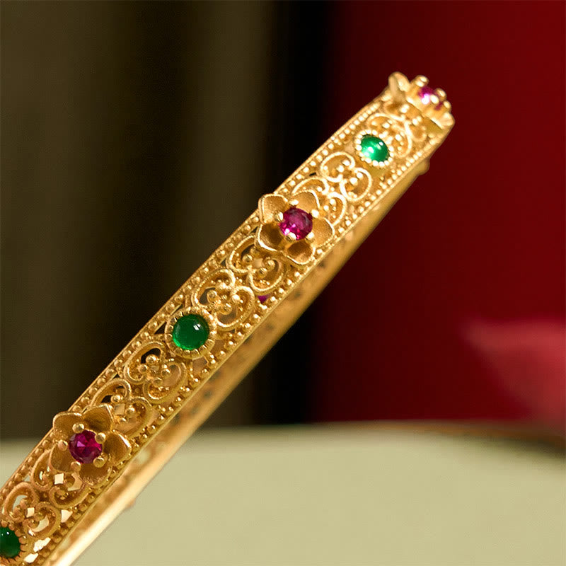 Buddha Stones Hollow Design Copper Plated Gold Flower Luck Bracelet Bangle - image 5