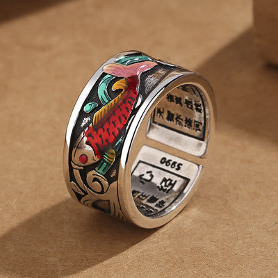 Buddha Stones Blue Enamel Koi Fish Heart Sutra Success Ring - Koi Fish(Adjustable) - image 1