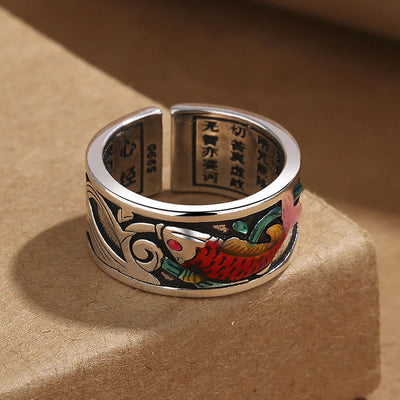 Buddha Stones Blue Enamel Koi Fish Heart Sutra Success Ring - image 3