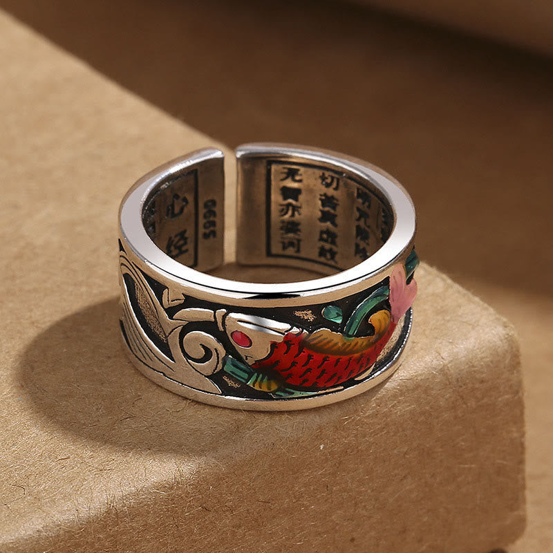 Buddha Stones Blue Enamel Koi Fish Heart Sutra Success Ring - image 3