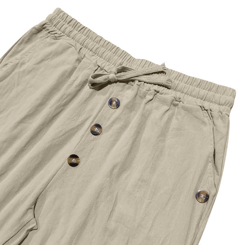 Buddha Stones Solid Color Buttons Drawstring Men's Cotton Pants With Pockets - image 23