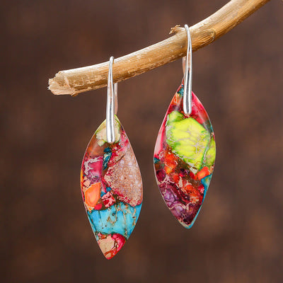 Buddha Stones Natural Emperor Stone Water Drop Leaf Shape Happiness Earrings - Green Emperor Stone(Copper Posts) - image 1