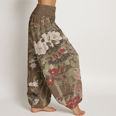 Foviel Pure Cotton Casual Peony Flowers Leaves Magpie Women's Elastic Waist Harem Pants
