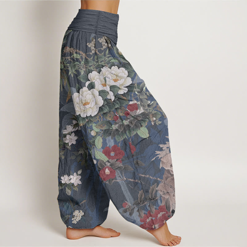 Foviel Pure Cotton Casual Peony Flowers Leaves Magpie Women's Elastic Waist Harem Pants