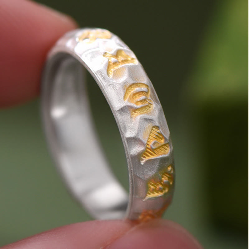 Buddha Stones Hammer Pattern Om Mani Padme Hum Copper Plated Silver Wealth Ring - image 9