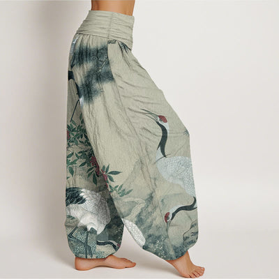 Buddha Stones Pure Cotton Casual Red-crowned Crane Pine Tree Mountain Women's Elastic Waist Harem Pants - image 7