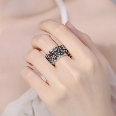 Bague d'équilibre Foviel plaquée argent avec motif dragon vintage