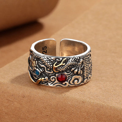 Bague d'équilibre Foviel plaquée argent avec motif dragon vintage