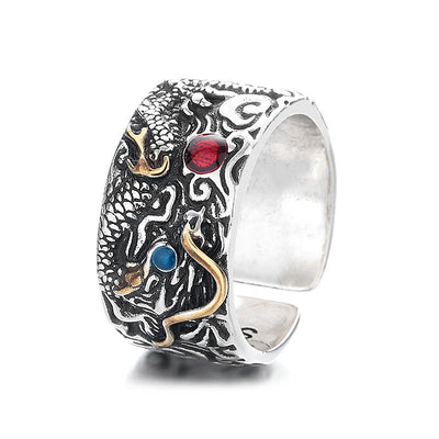 Bague d'équilibre Foviel plaquée argent avec motif dragon vintage