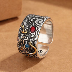 Bague d'équilibre Foviel plaquée argent avec motif dragon vintage