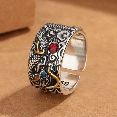 Bague d'équilibre Foviel plaquée argent avec motif dragon vintage