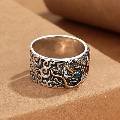 Bague d'équilibre Foviel plaquée argent avec motif dragon vintage