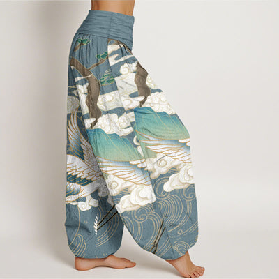 Pantalon harem à taille élastique pour femme, motif grues volantes et nuages de bon augure sur coton pur Foviel