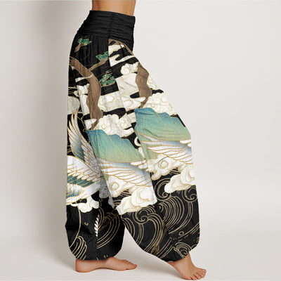 Pantalon harem à taille élastique pour femme, motif grues volantes et nuages de bon augure sur coton pur Foviel