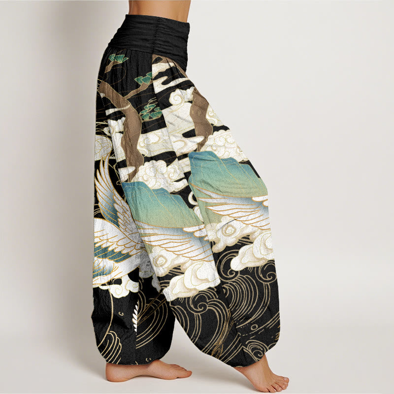 Pantalon harem à taille élastique pour femme, motif grues volantes et nuages de bon augure sur coton pur Foviel