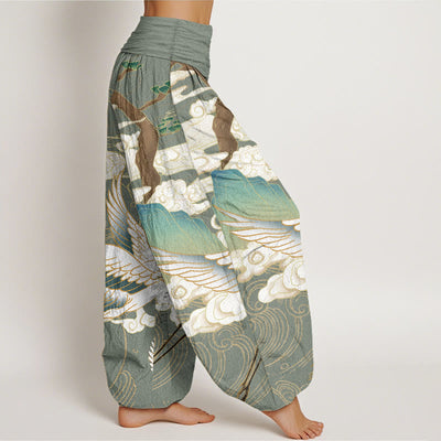 Pantalon harem à taille élastique pour femme, motif grues volantes et nuages de bon augure sur coton pur Foviel