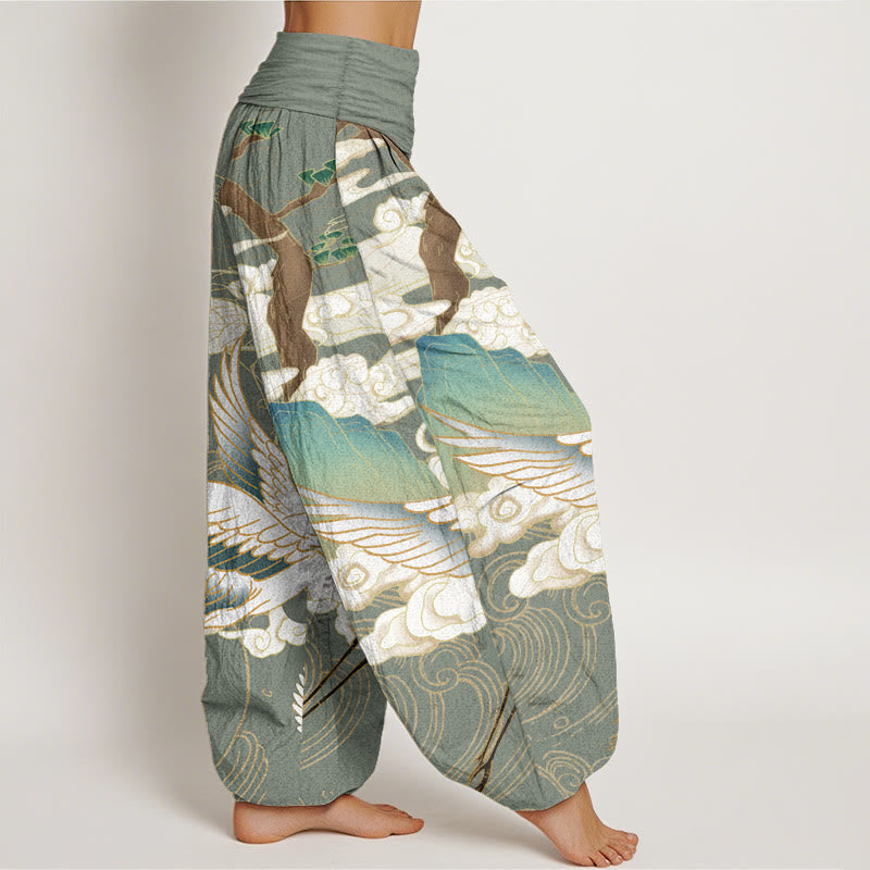Pantalon harem à taille élastique pour femme, motif grues volantes et nuages de bon augure sur coton pur Foviel
