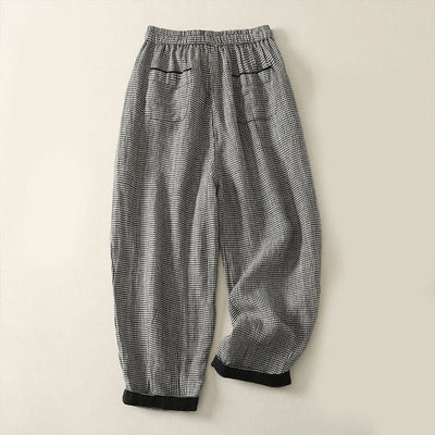 Buddha Stones Plaid Pattern Drawstring Women's Cotton Linen Harem Pants With Pockets - image 2