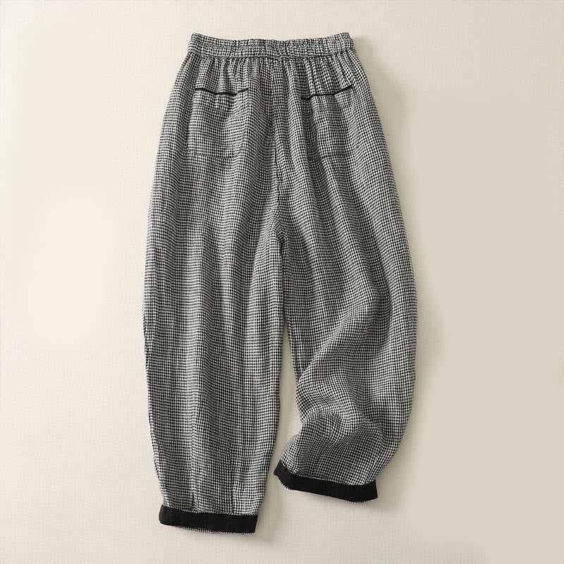 Buddha Stones Plaid Pattern Drawstring Women's Cotton Linen Harem Pants With Pockets - image 2
